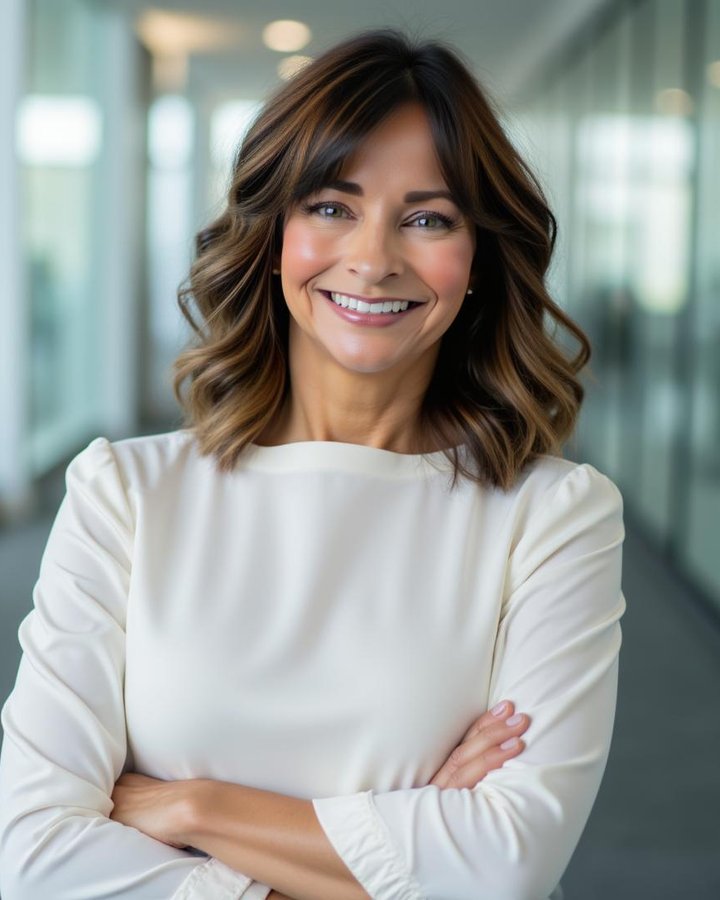 Karen Ferrero, smiling with arms crossed, in a bright office hallway
